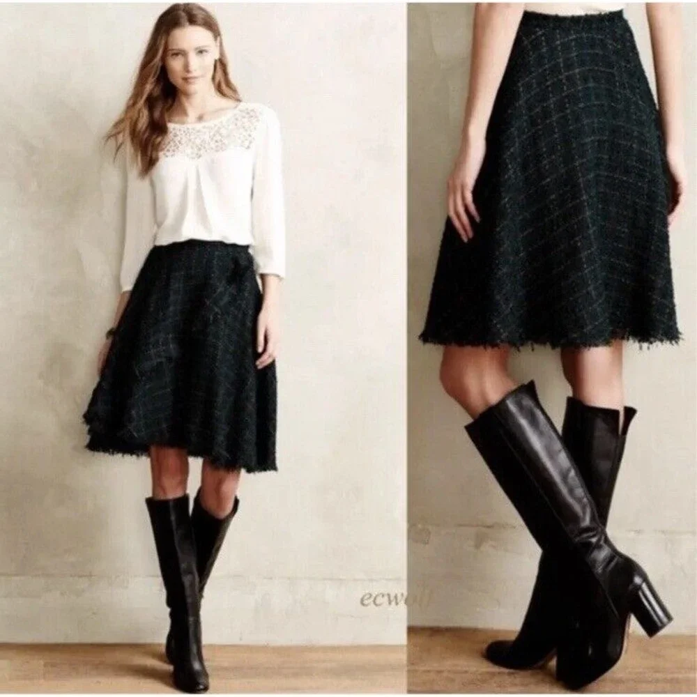 Anthropologie Eva Franco Fringed Tweed Skirt Womens Size 10 Green Plaid NEW TAGS - Picture 5 of 16